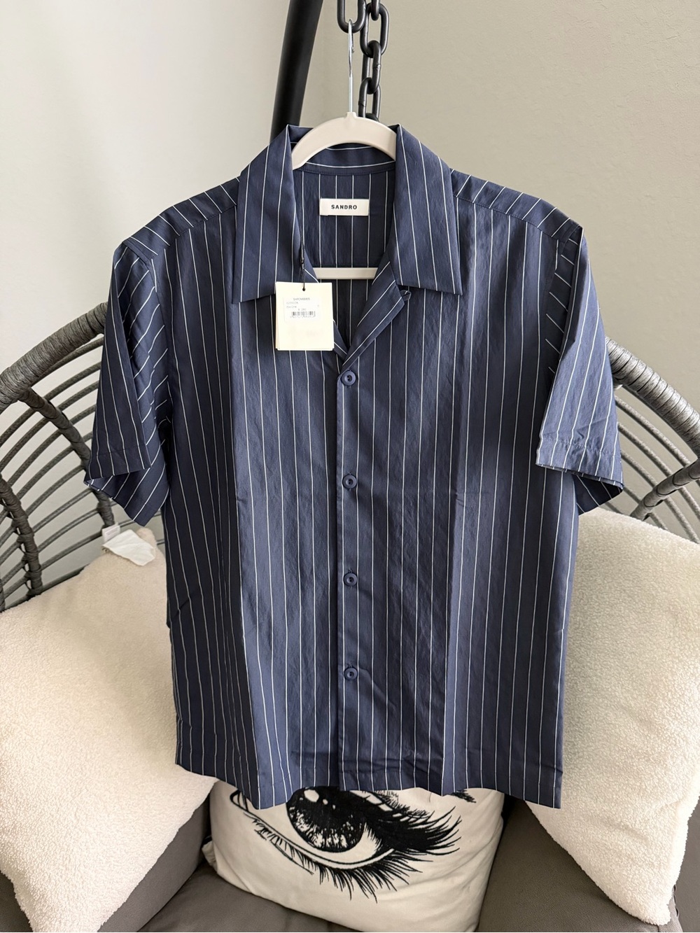 Sandro Navy Blue Pinstripe Short-Sleeve Button-Down Shirt S
